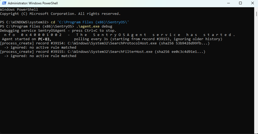 agent.exe running in debug mode, terminal output showing a Sysmon event caught and forwarded to the backend