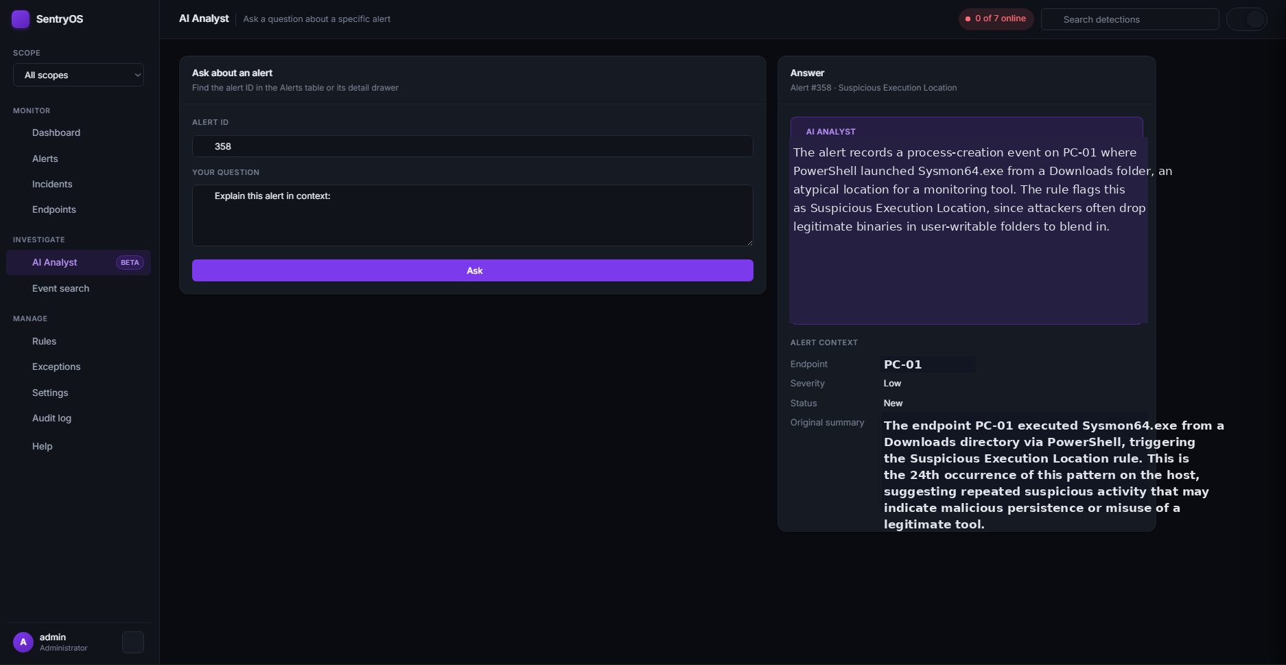 AI Analyst page showing a question asked about a specific alert and its grounded answer