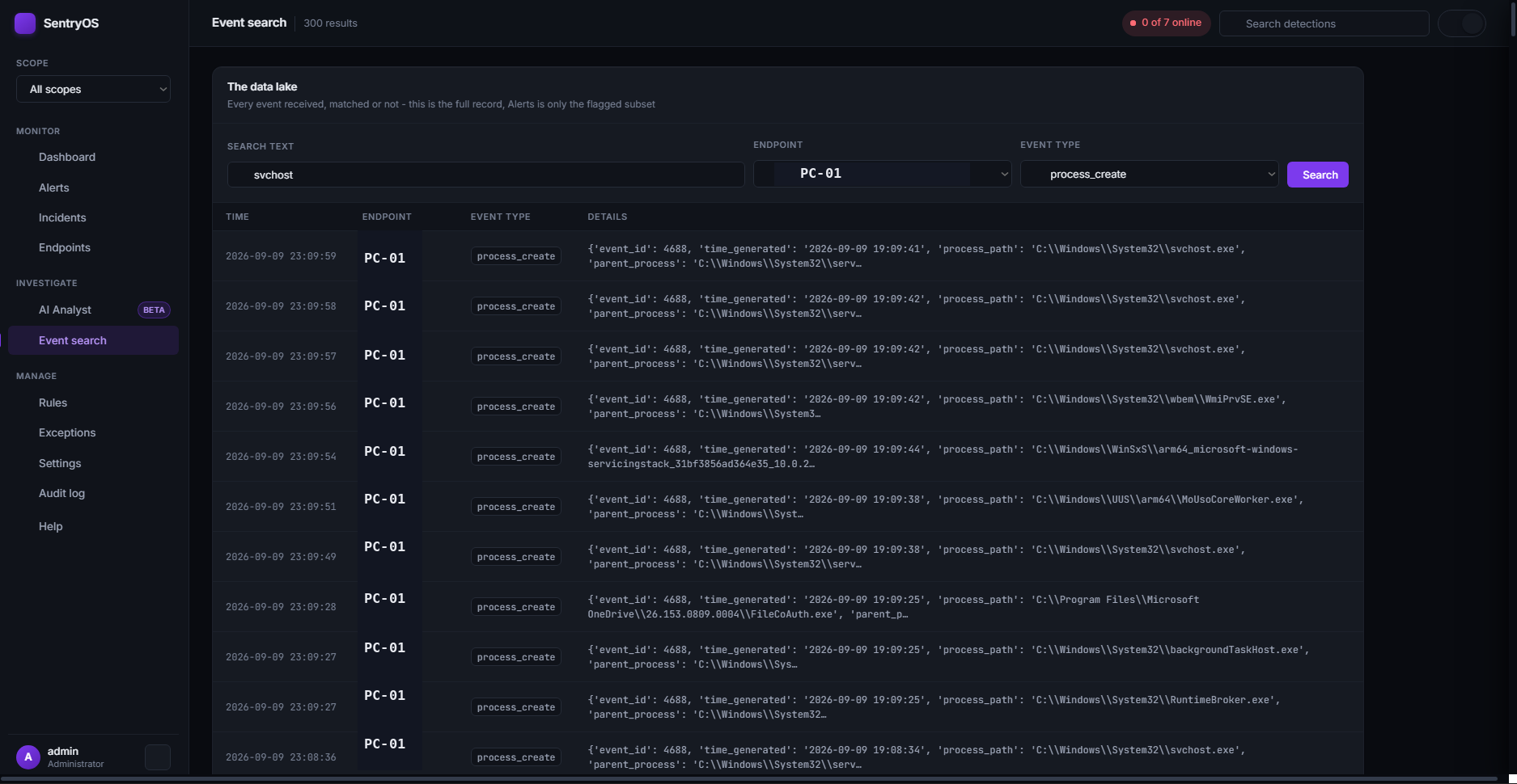 Event Search page showing raw events searchable by host, type, and free text