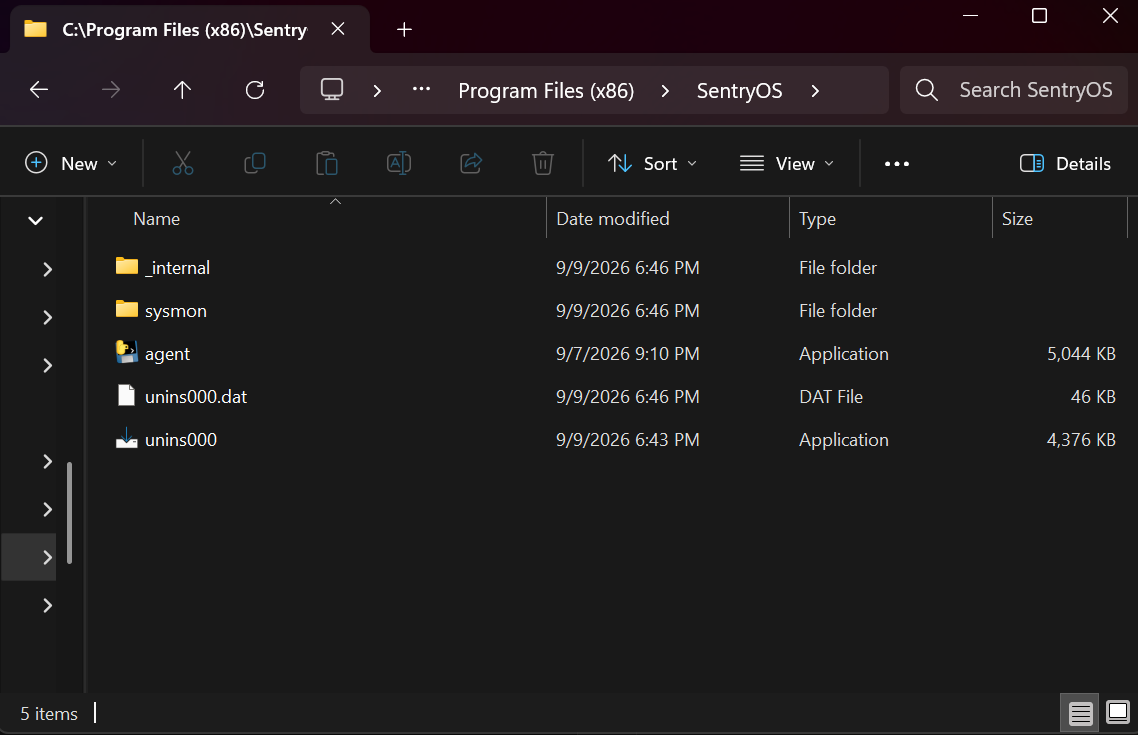 Program Files folder after install, showing the agent executable and a Sysmon subfolder installed alongside it