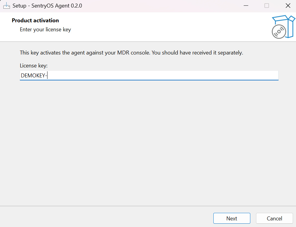 Installer wizard's product activation screen prompting for a license key