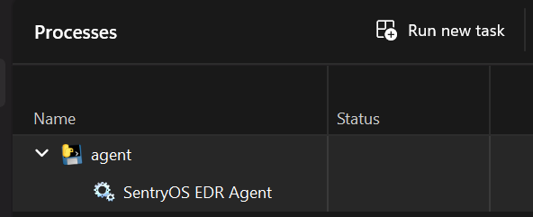 Task Manager showing the SentryOS EDR Agent process actually running post-install