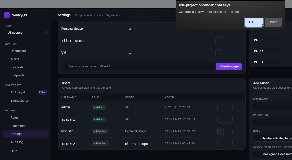 Admin confirming generation of a password reset link for a locked-out user in Settings