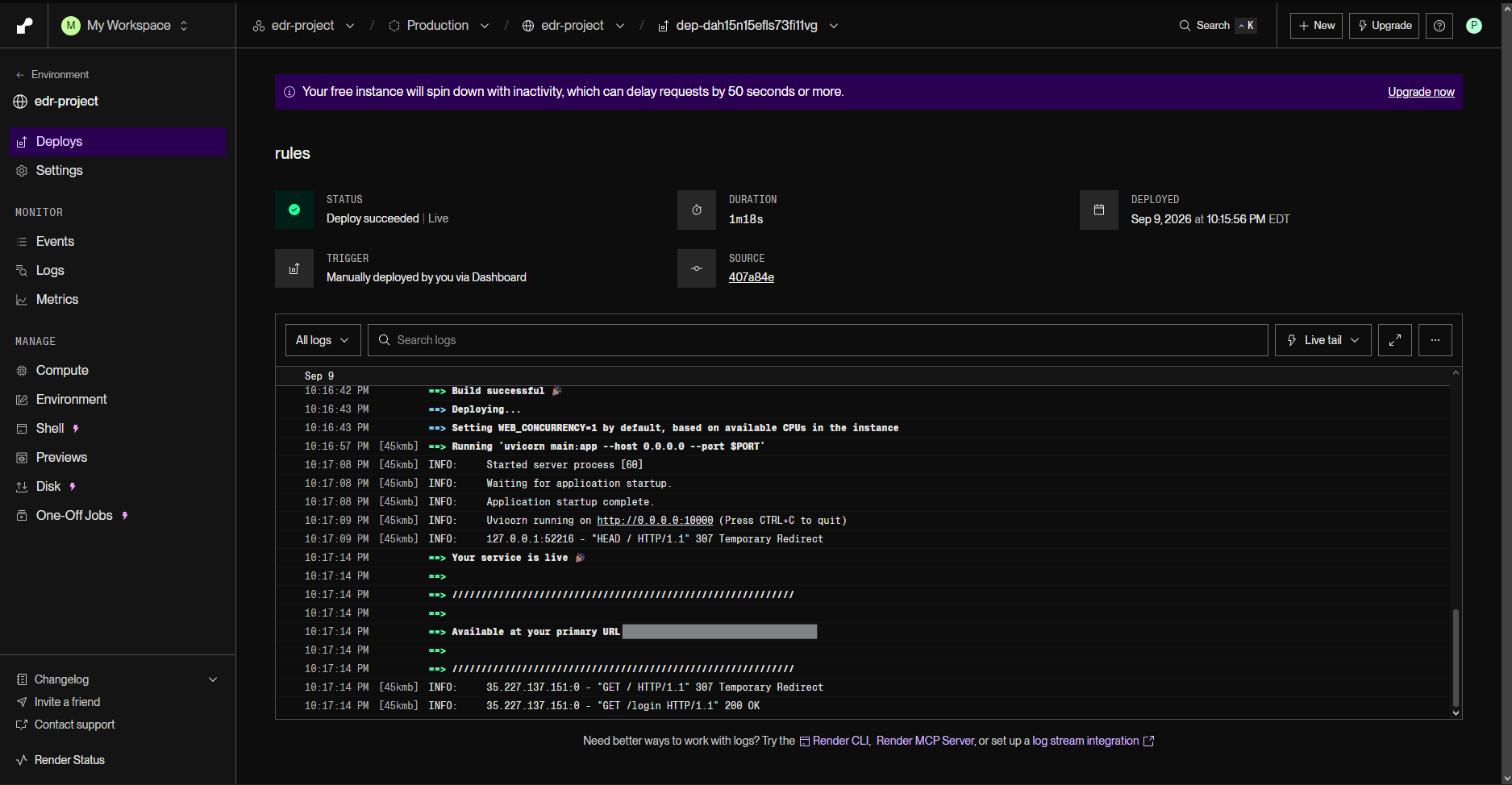 Render deploy log showing a successful build and deploy of the backend service