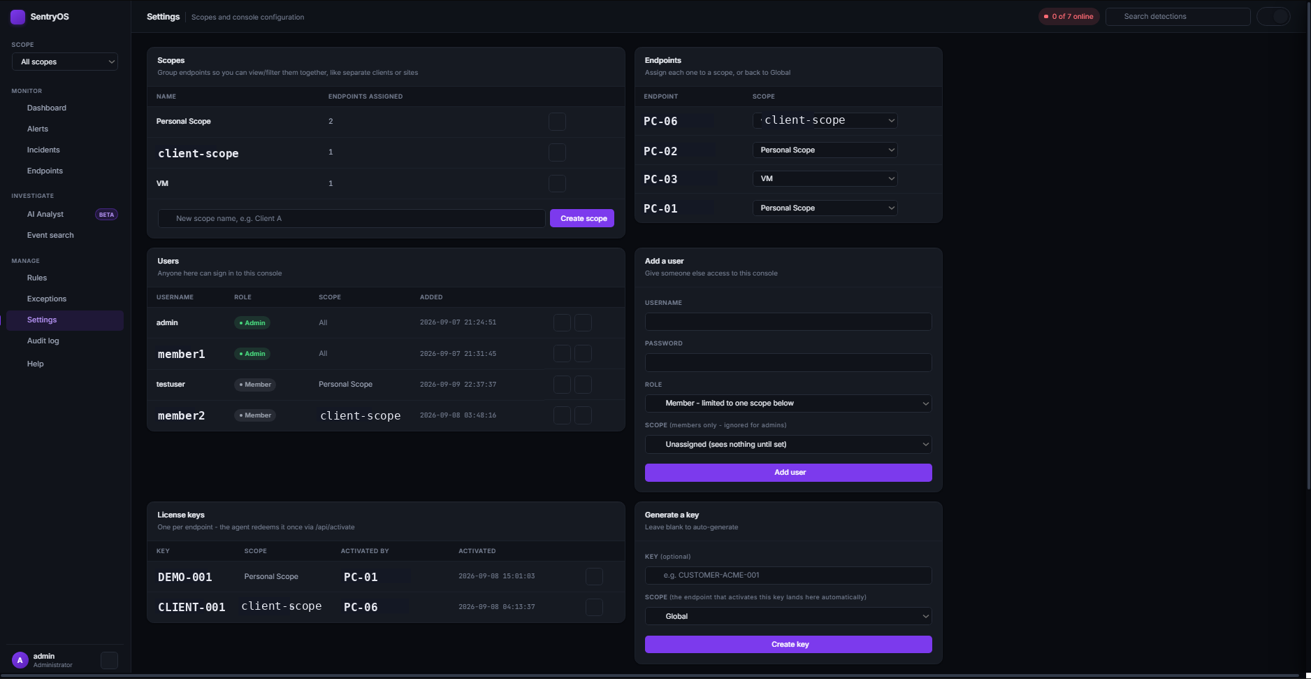 SentryOS Settings page showing scope, user, and license key management