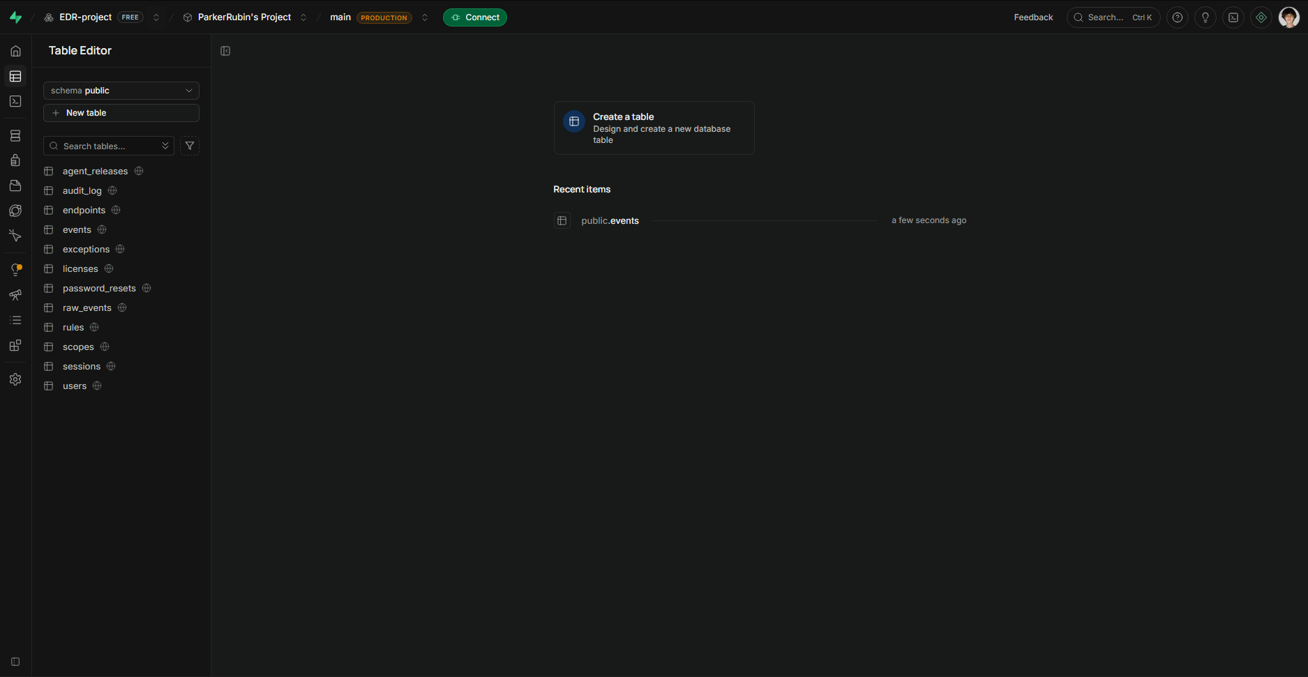 Supabase Table Editor showing the full production schema: events, rules, users, sessions, licenses, and more