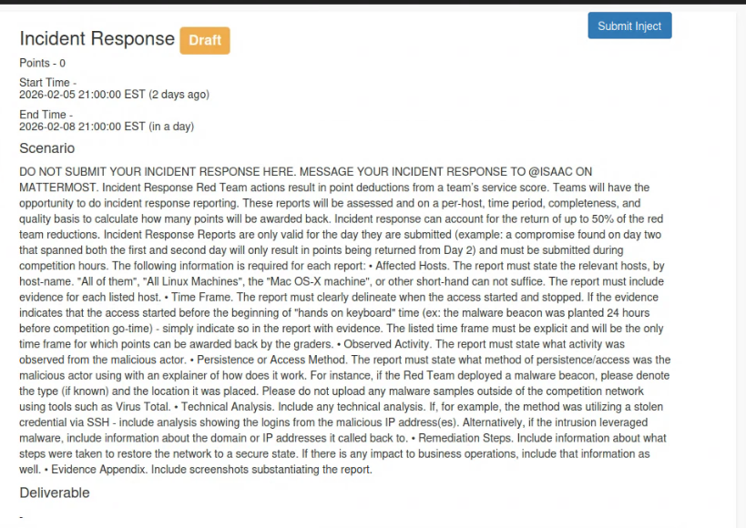 Incident Response inject scenario describing the report requirements and deadline