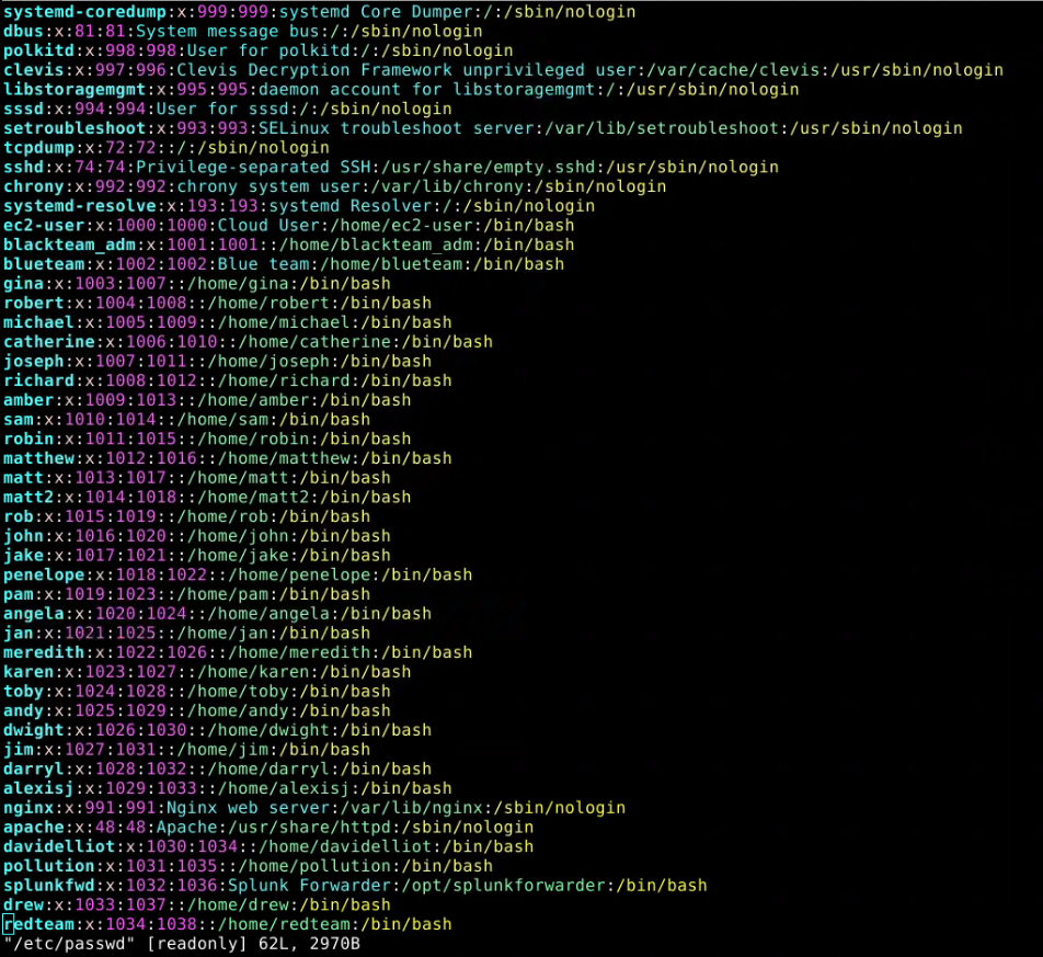 Linux /etc/passwd file showing a redteam account with an interactive bash shell