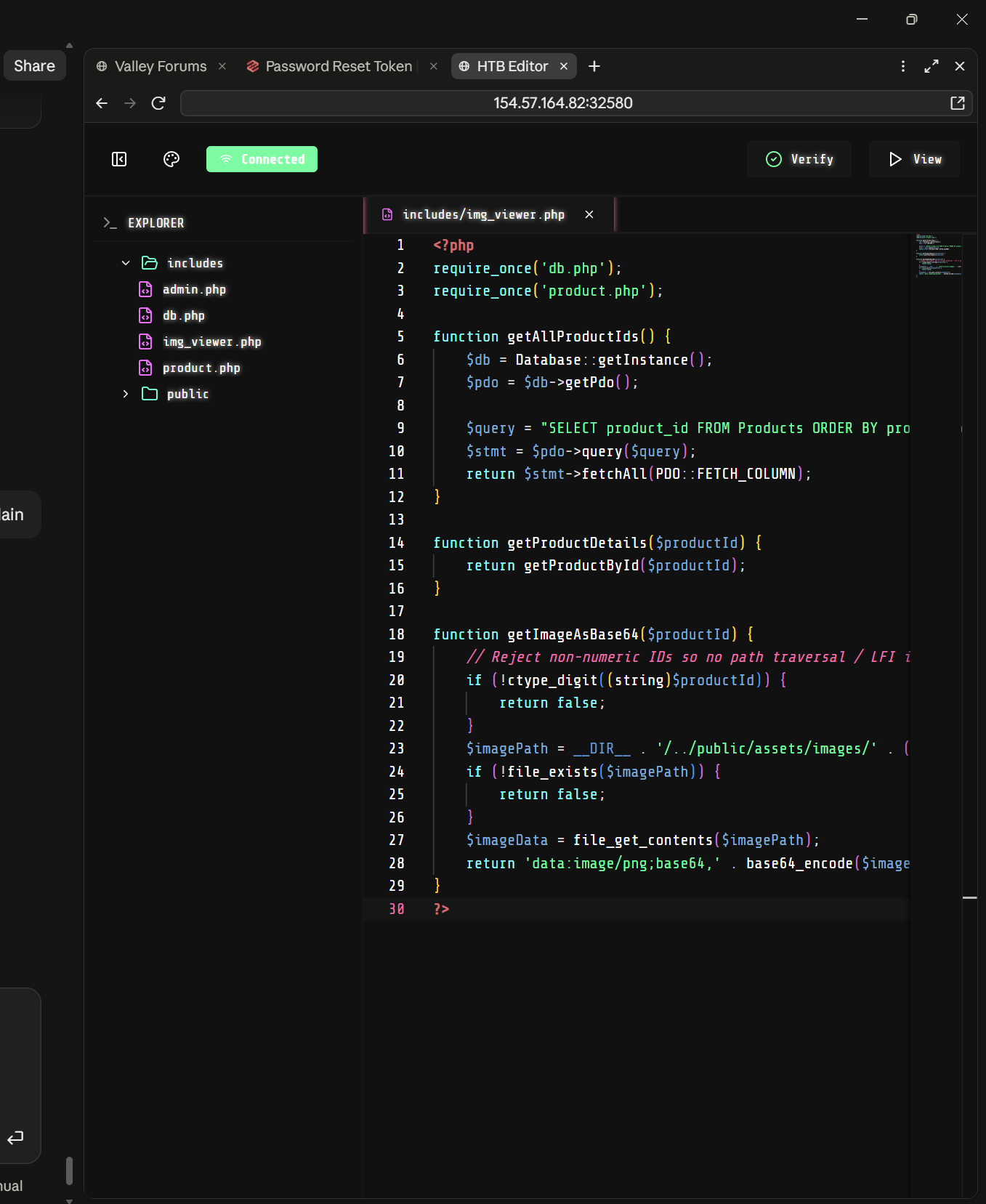 Secure coding challenge showing a patched path traversal vulnerability in a PHP image viewer