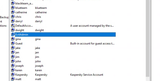 Windows local user account list with an unauthorized EvilAdmin account visible