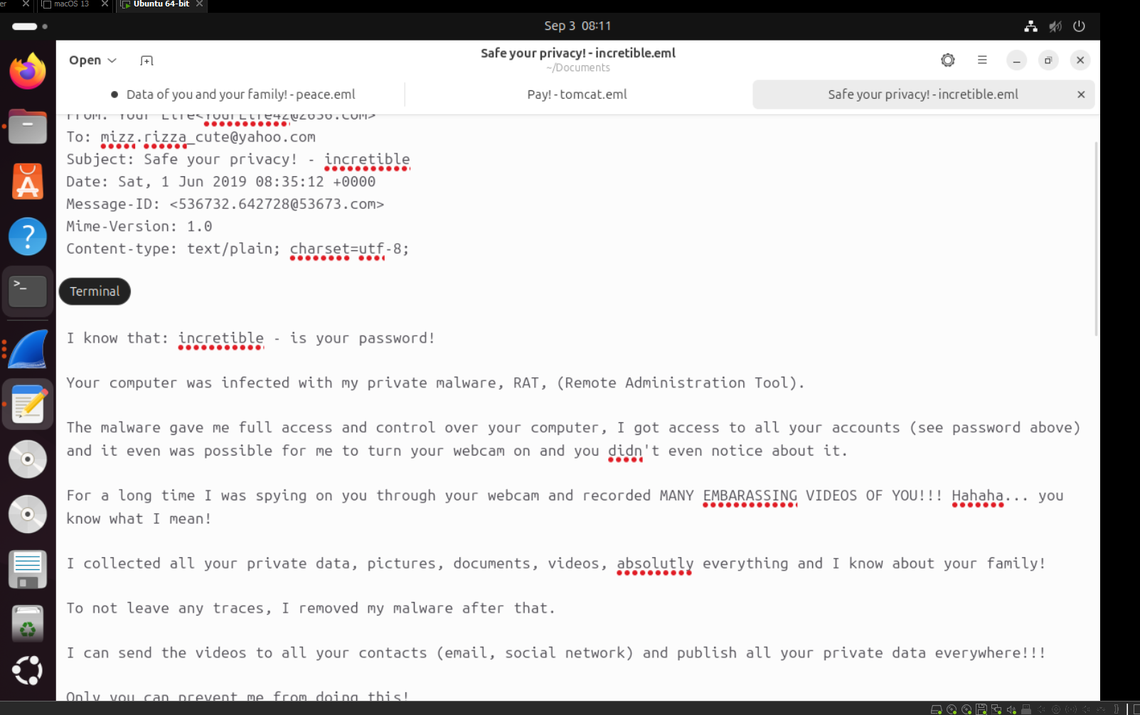 A third extracted phishing email using the identical extortion template sent to a different recipient
