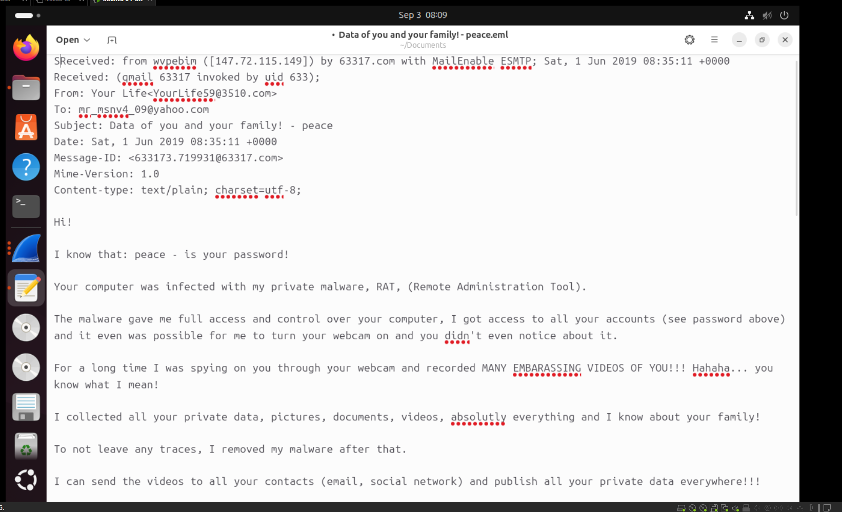 Extracted phishing email claiming a RAT compromise and a stolen password