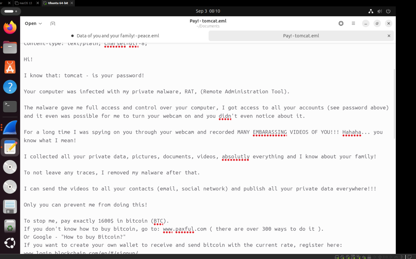 Extracted phishing email demanding a specific Bitcoin payment