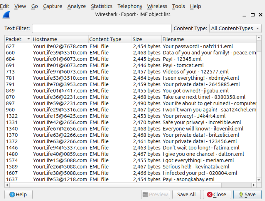 Wireshark IMF object export list showing dozens of extracted phishing emails